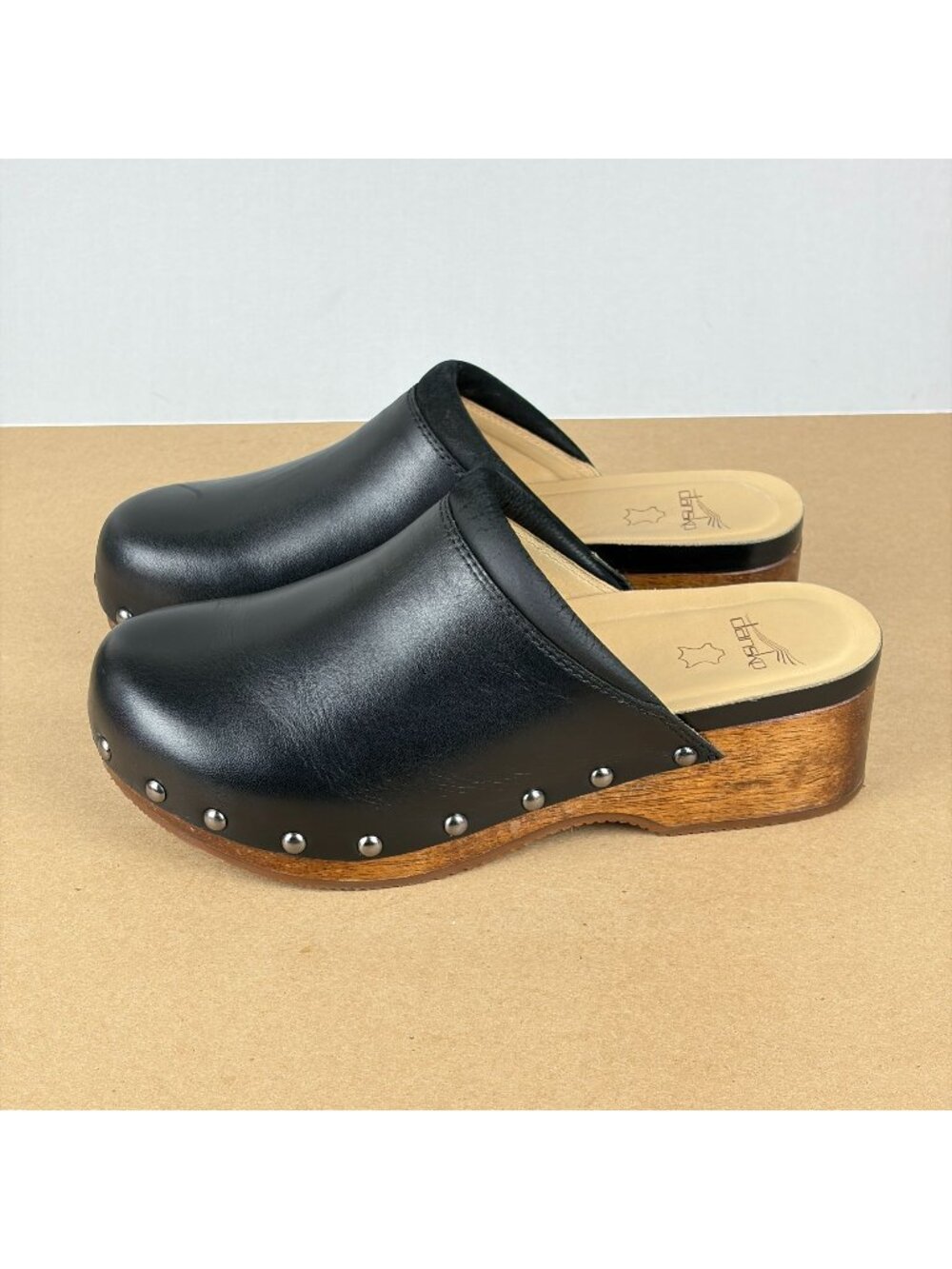 Dansko Andie Leather Mules Clogs Womens 9.5/10 EU 40 Black Brown Wood Sole
